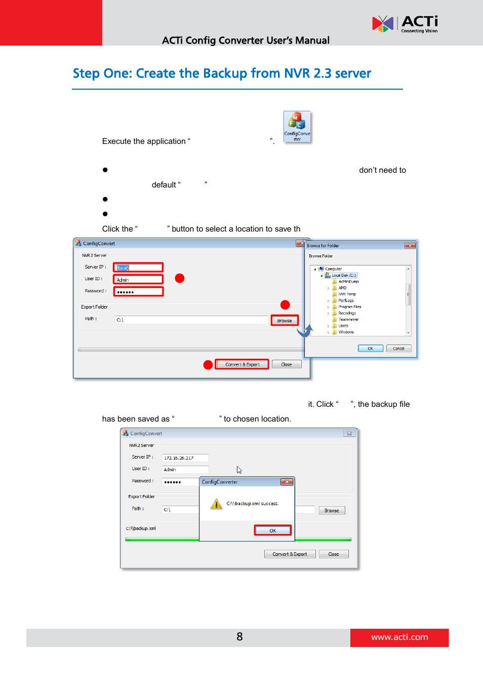 Step one: create the backup from nvr 2.3 server | ACTi Config Converter V1.0.0 User Manual | Page 8 / 10