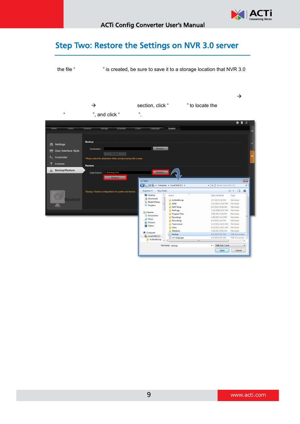 Step two: restore the settings on nvr 3.0 server | ACTi Config Converter V1.0.0 User Manual | Page 9 / 10