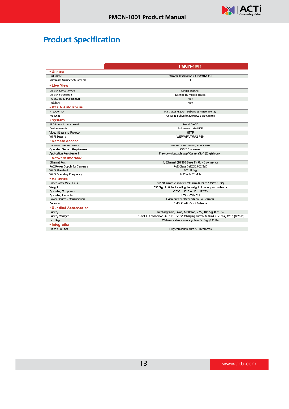 Product specification | ACTi PMON-1001 User Manual | Page 13 / 20