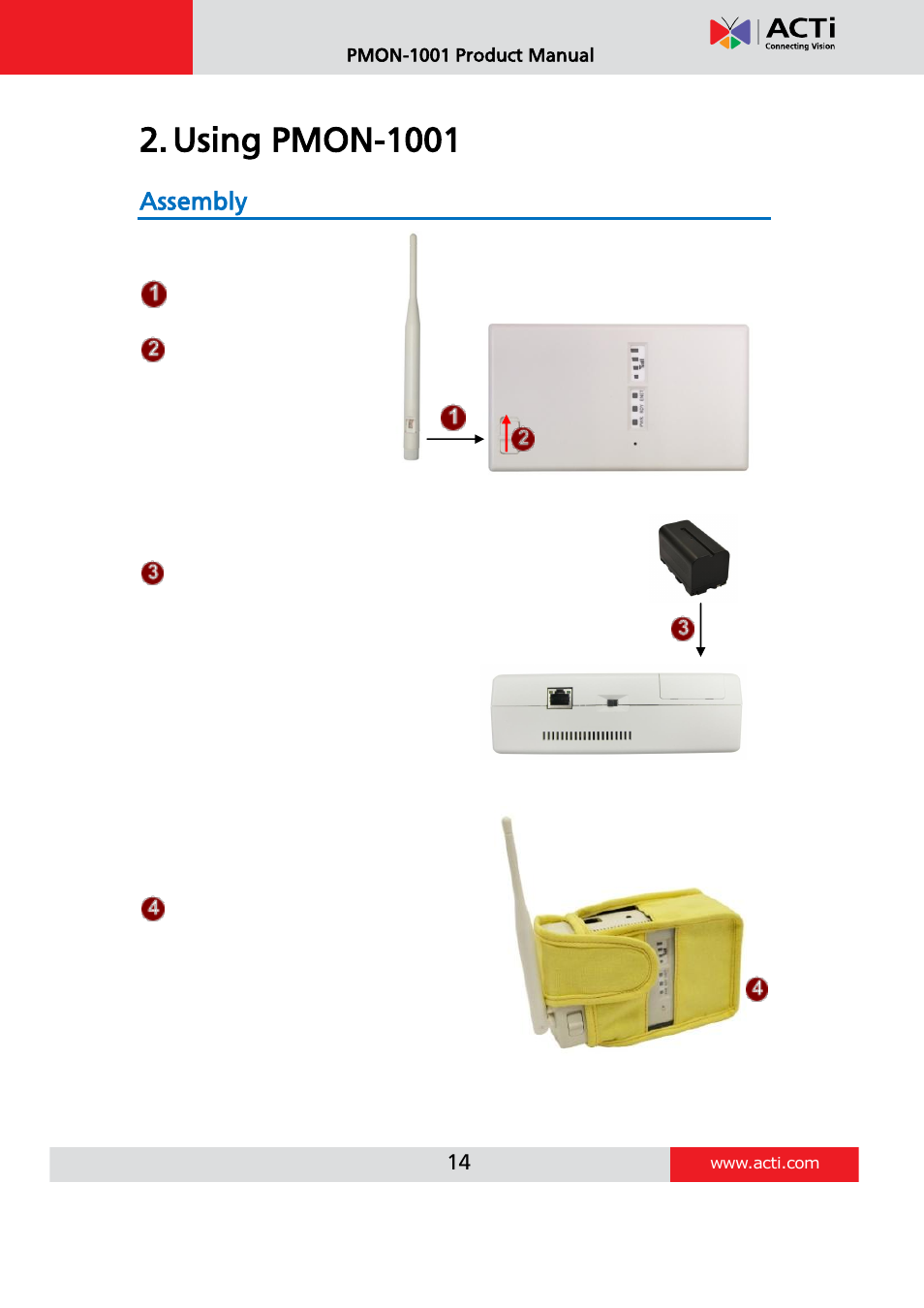 Using pmon-1001, Assembly | ACTi PMON-1001 User Manual | Page 14 / 20