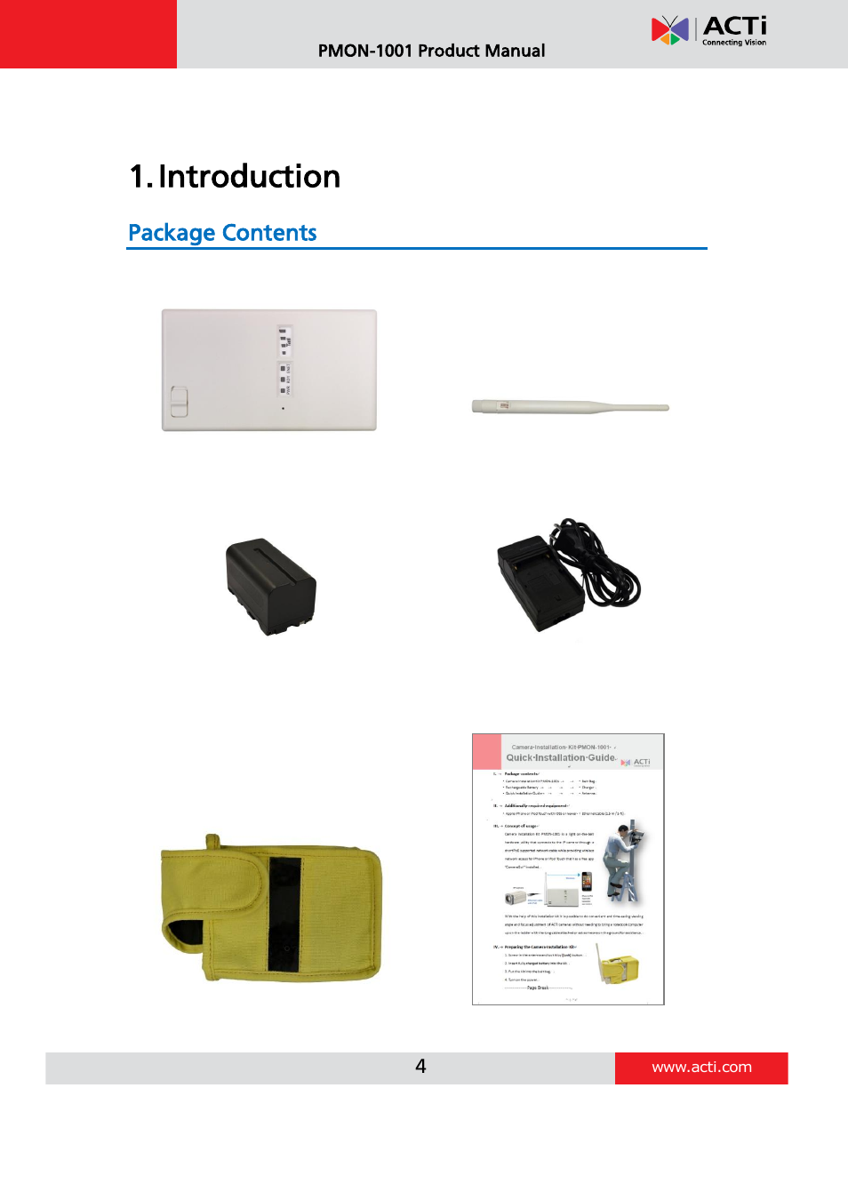 Introduction, Package contents | ACTi PMON-1001 User Manual | Page 4 / 20