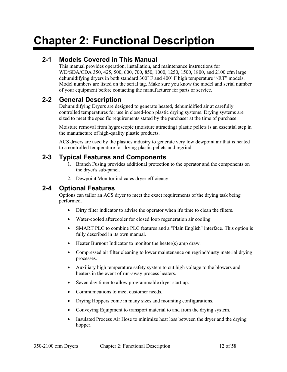 Chapter 2: functional description | AEC WD 350 through WD3000 Dehumidifying Dryers User Manual | Page 13 / 59