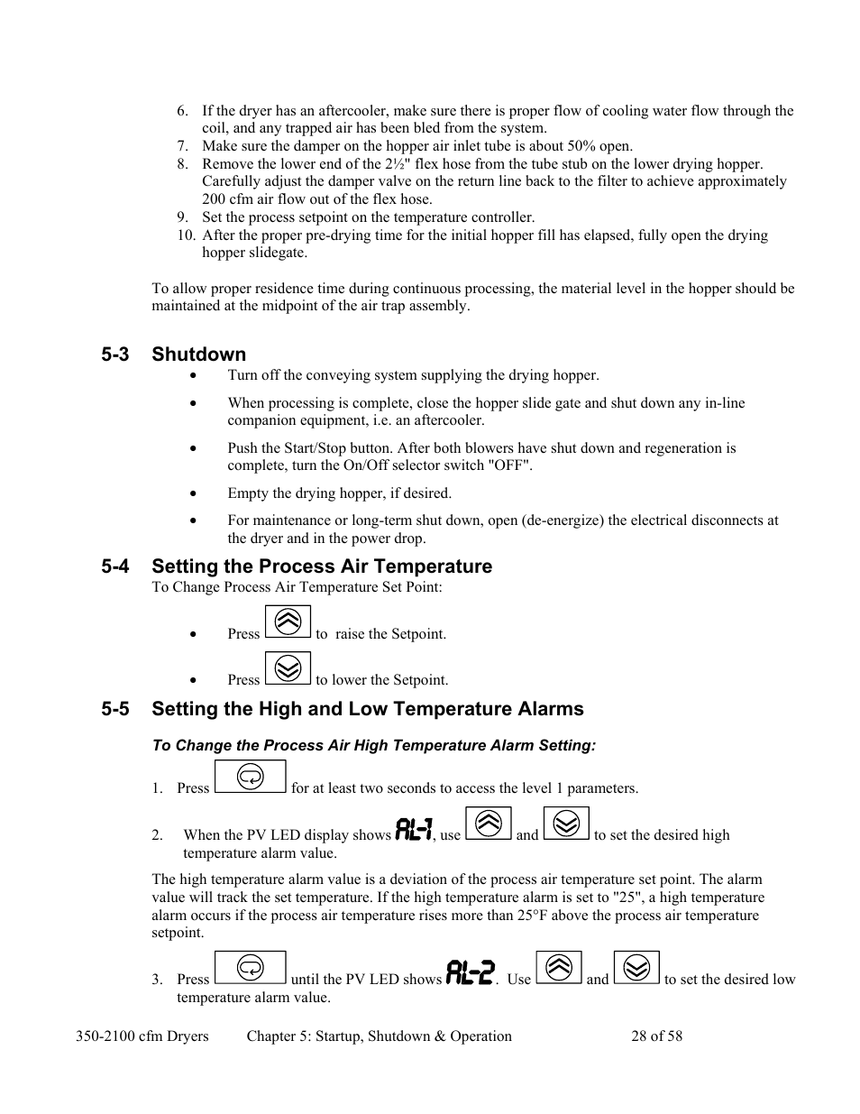 3 shutdown, 4 setting the process air temperature, 5 setting the high and low temperature alarms | AEC WD 350 through WD3000 Dehumidifying Dryers User Manual | Page 29 / 59