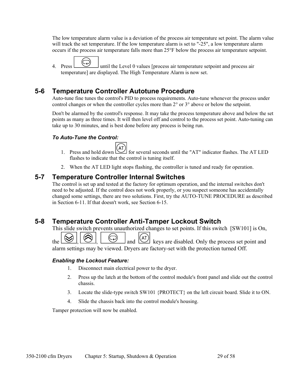 6 temperature controller autotune procedure, 7 temperature controller internal switches | AEC WD 350 through WD3000 Dehumidifying Dryers User Manual | Page 30 / 59