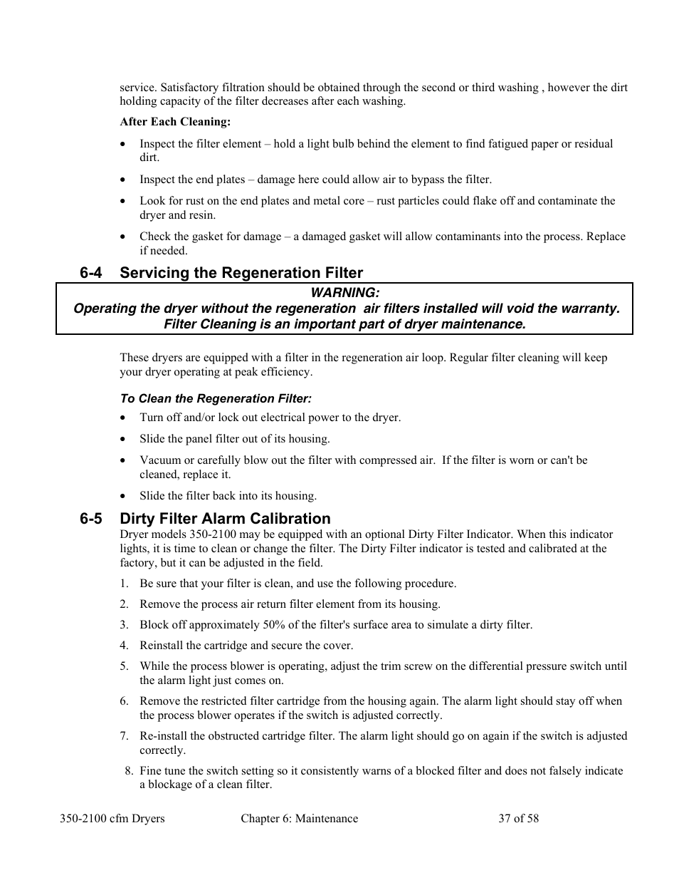 4 servicing the regeneration filter, 5 dirty filter alarm calibration | AEC WD 350 through WD3000 Dehumidifying Dryers User Manual | Page 38 / 59