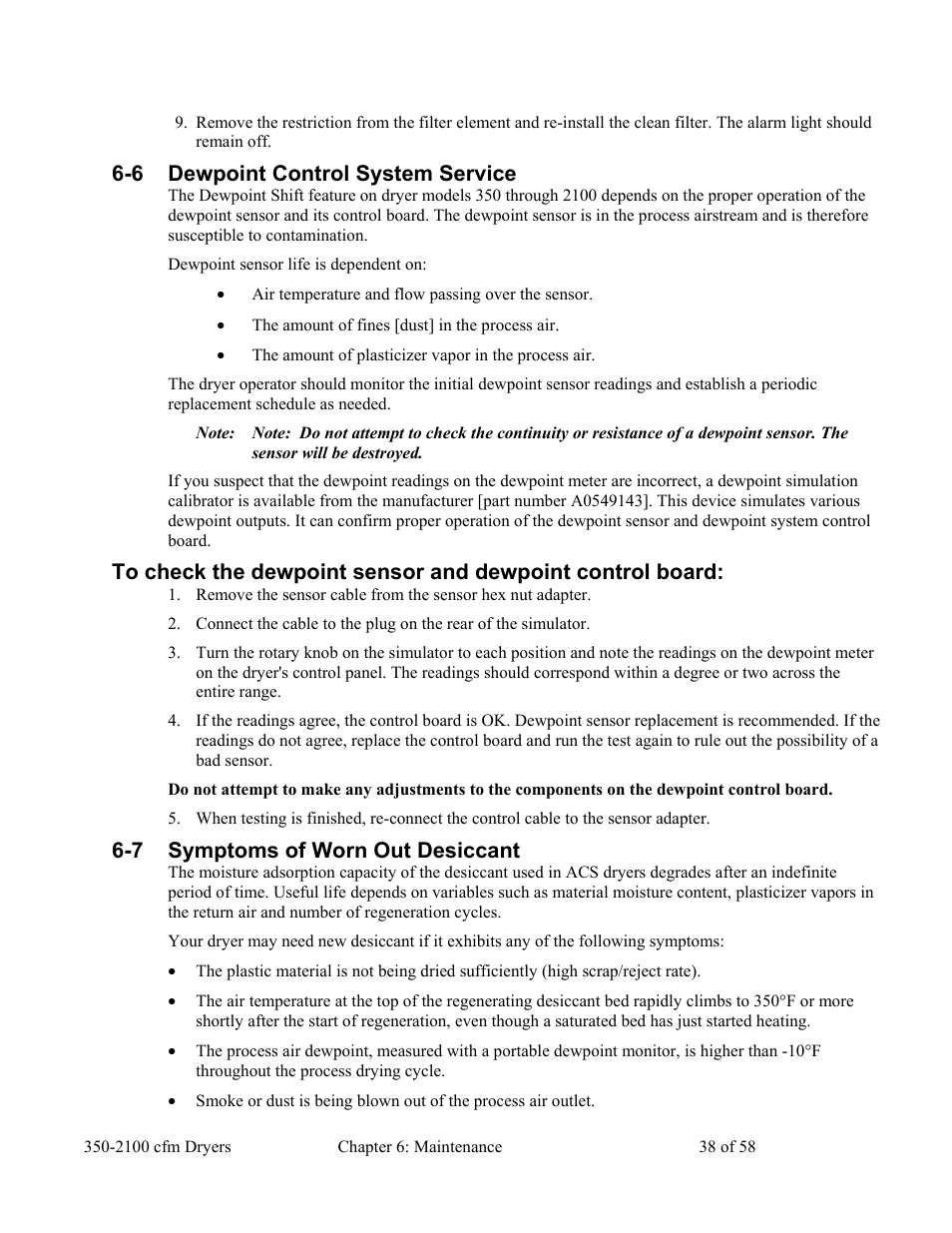 6 dewpoint control system service, 7 symptoms of worn out desiccant | AEC WD 350 through WD3000 Dehumidifying Dryers User Manual | Page 39 / 59