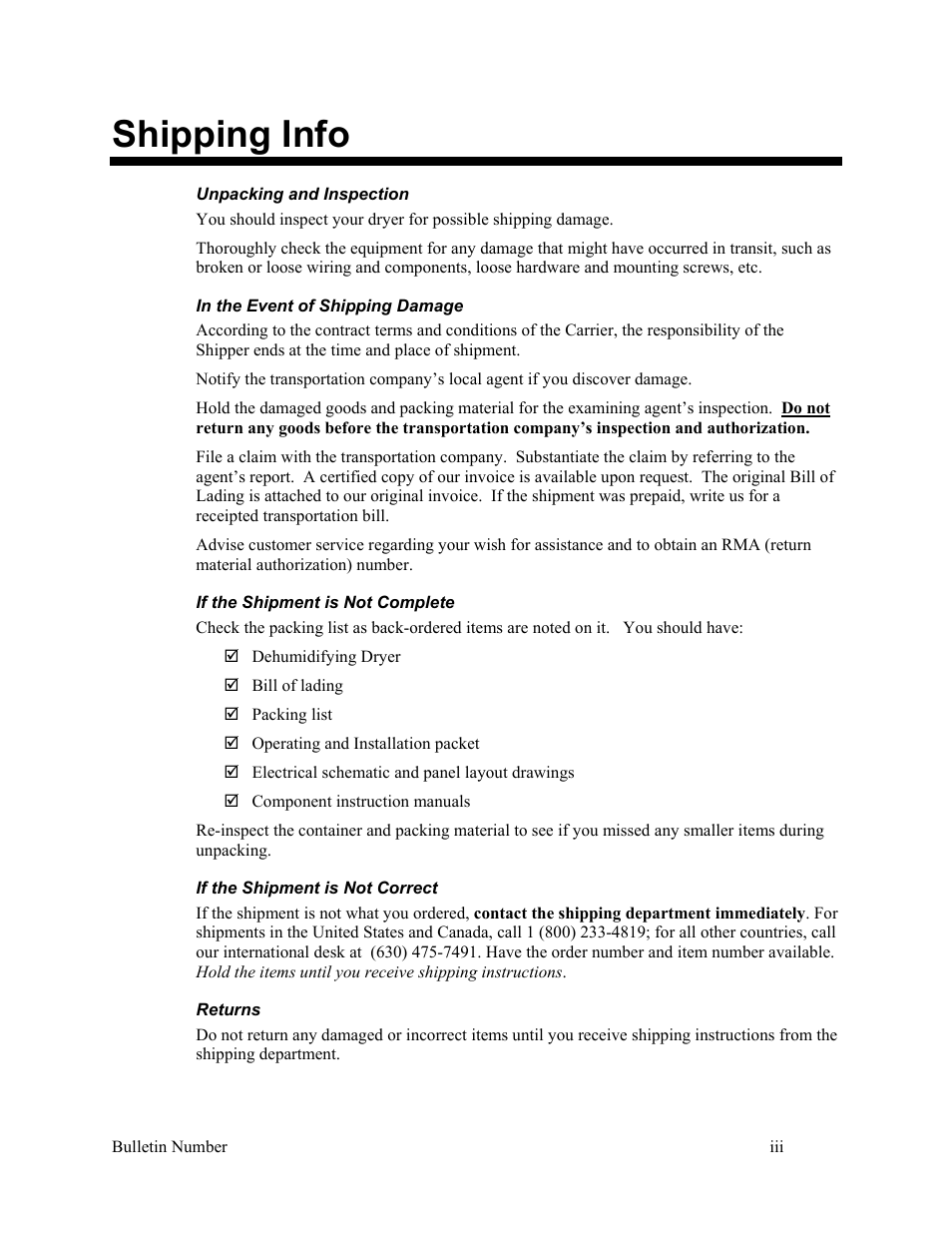 Shipping info | AEC WD 350 through WD3000 Dehumidifying Dryers User Manual | Page 4 / 59