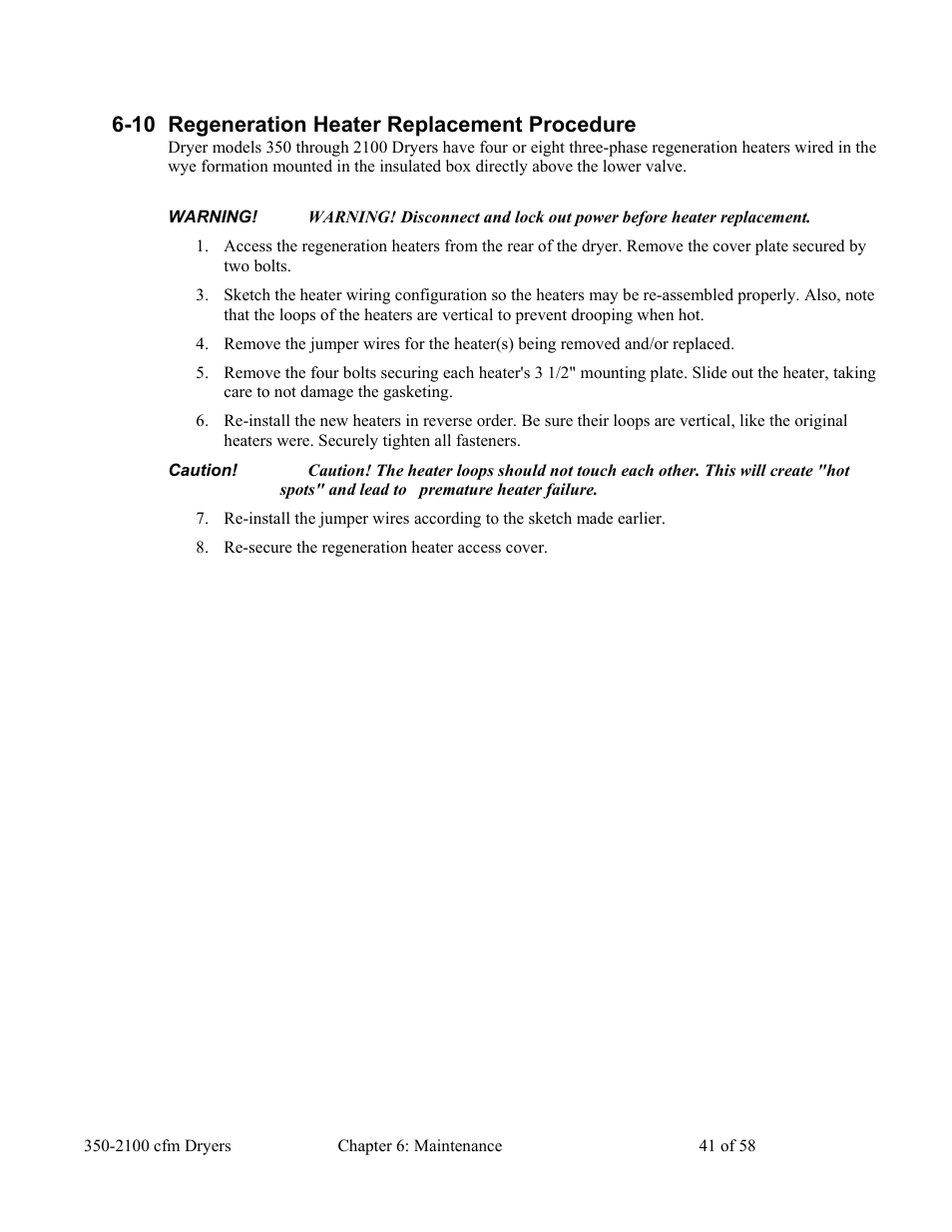 10 regeneration heater replacement procedure | AEC WD 350 through WD3000 Dehumidifying Dryers User Manual | Page 42 / 59