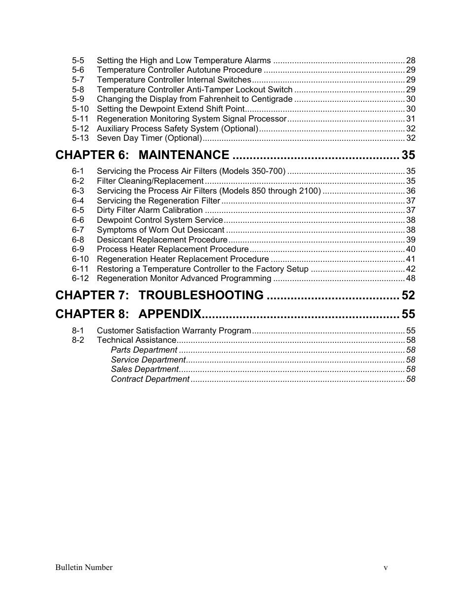 Chapter 6, Maintenance, Chapter 7 | Troubleshooting, Chapter 8, Appendix | AEC WD 350 through WD3000 Dehumidifying Dryers User Manual | Page 6 / 59