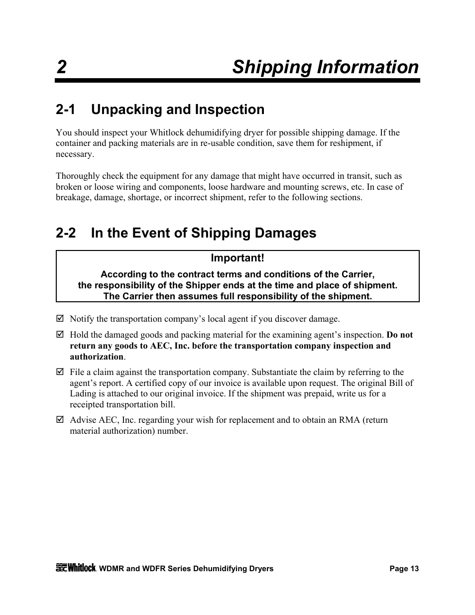 2 shipping information, 1 unpacking and inspection, 2 in the event of shipping damages | AEC WD 350 through WD3000 Dehumidifying Dryers User Manual | Page 14 / 84