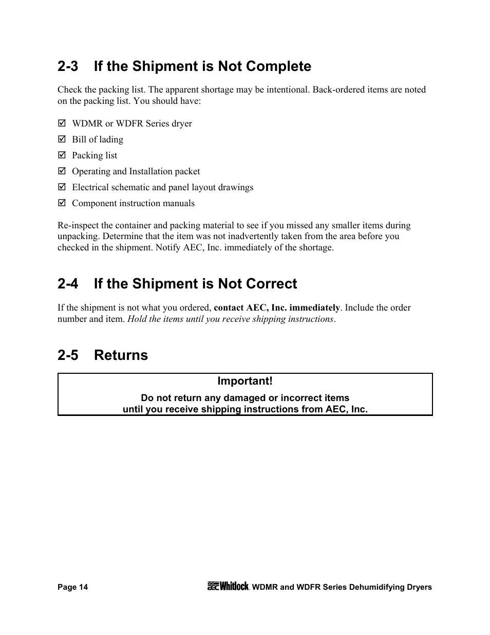 3 if the shipment is not complete, 4 if the shipment is not correct, 5 returns | AEC WD 350 through WD3000 Dehumidifying Dryers User Manual | Page 15 / 84
