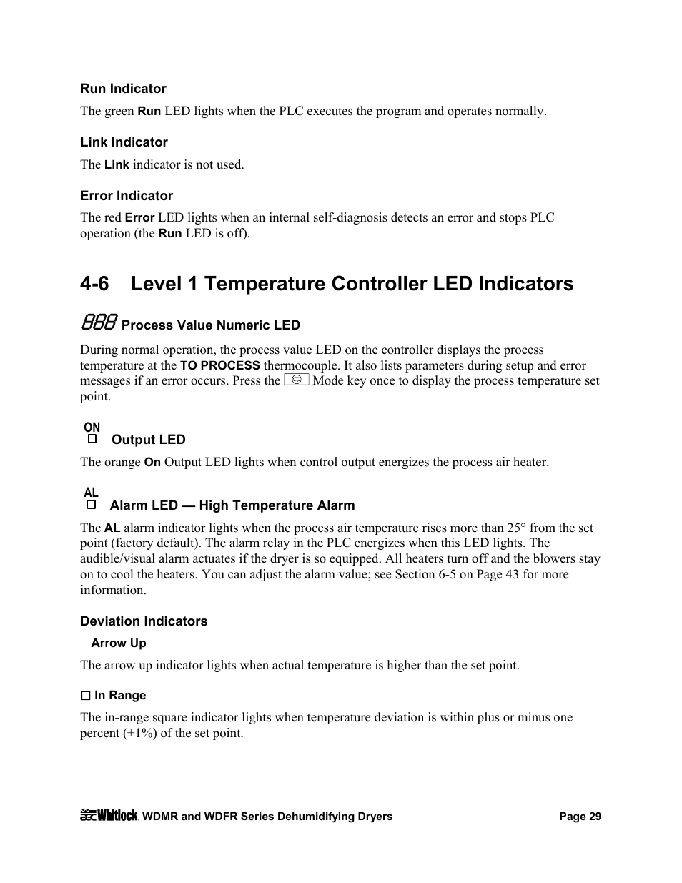 888 process value numeric led, Output led, Alarm led — high temperature alarm | Deviation indicators, Arrow up, In range, 6 level 1 temperature controller led indicators | AEC WD 350 through WD3000 Dehumidifying Dryers User Manual | Page 30 / 84