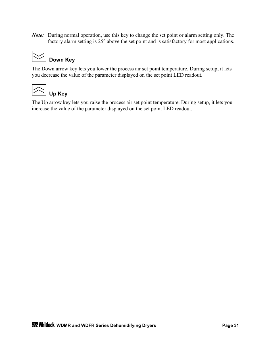 Down key, Up key | AEC WD 350 through WD3000 Dehumidifying Dryers User Manual | Page 32 / 84