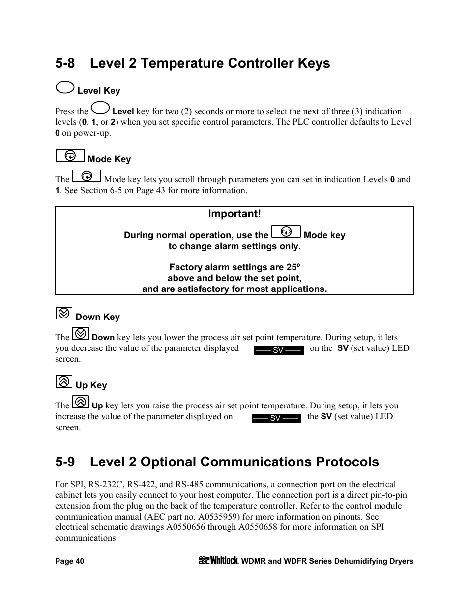 Level key, Mode key, Down key | Up key, 8 level 2 temperature controller keys, 9 level 2 optional communications protocols | AEC WD 350 through WD3000 Dehumidifying Dryers User Manual | Page 41 / 84