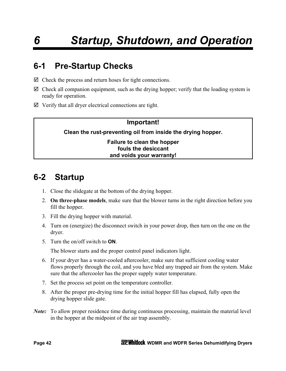 6startup, shutdown, and operation, 1 pre-startup checks, 2 startup | AEC WD 350 through WD3000 Dehumidifying Dryers User Manual | Page 43 / 84