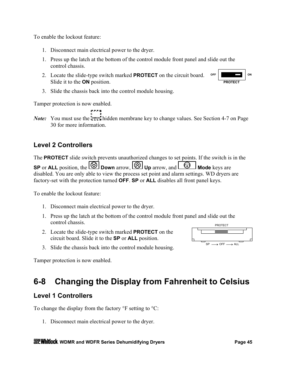 Level 2 controllers, Level 1 controllers, 8 changing the display from fahrenheit to celsius | AEC WD 350 through WD3000 Dehumidifying Dryers User Manual | Page 46 / 84