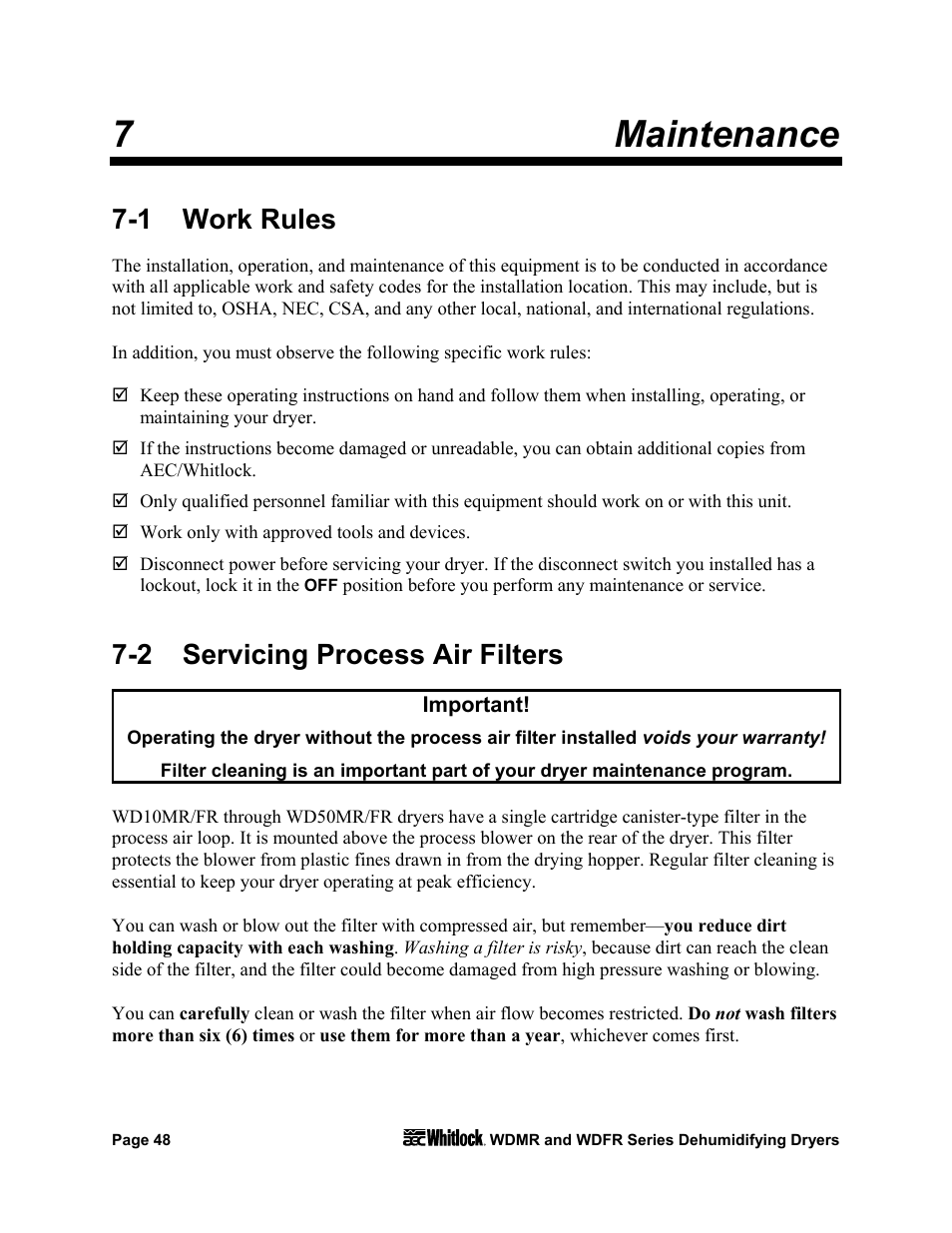 7 maintenance, 1 work rules, 2 servicing process air filters | AEC WD 350 through WD3000 Dehumidifying Dryers User Manual | Page 49 / 84