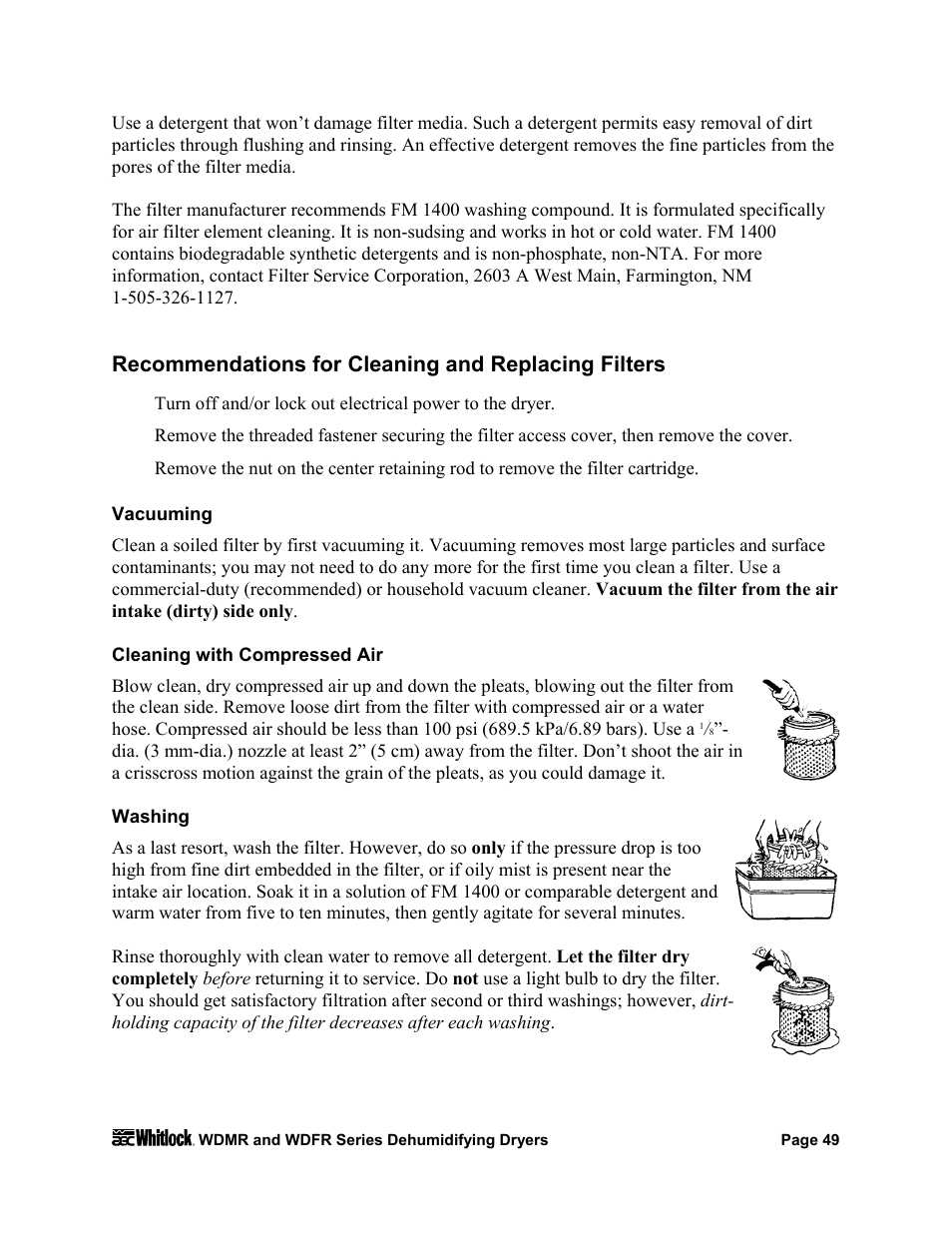 Recommendations for cleaning and replacing filters, Vacuuming, Cleaning with compressed air | Washing | AEC WD 350 through WD3000 Dehumidifying Dryers User Manual | Page 50 / 84