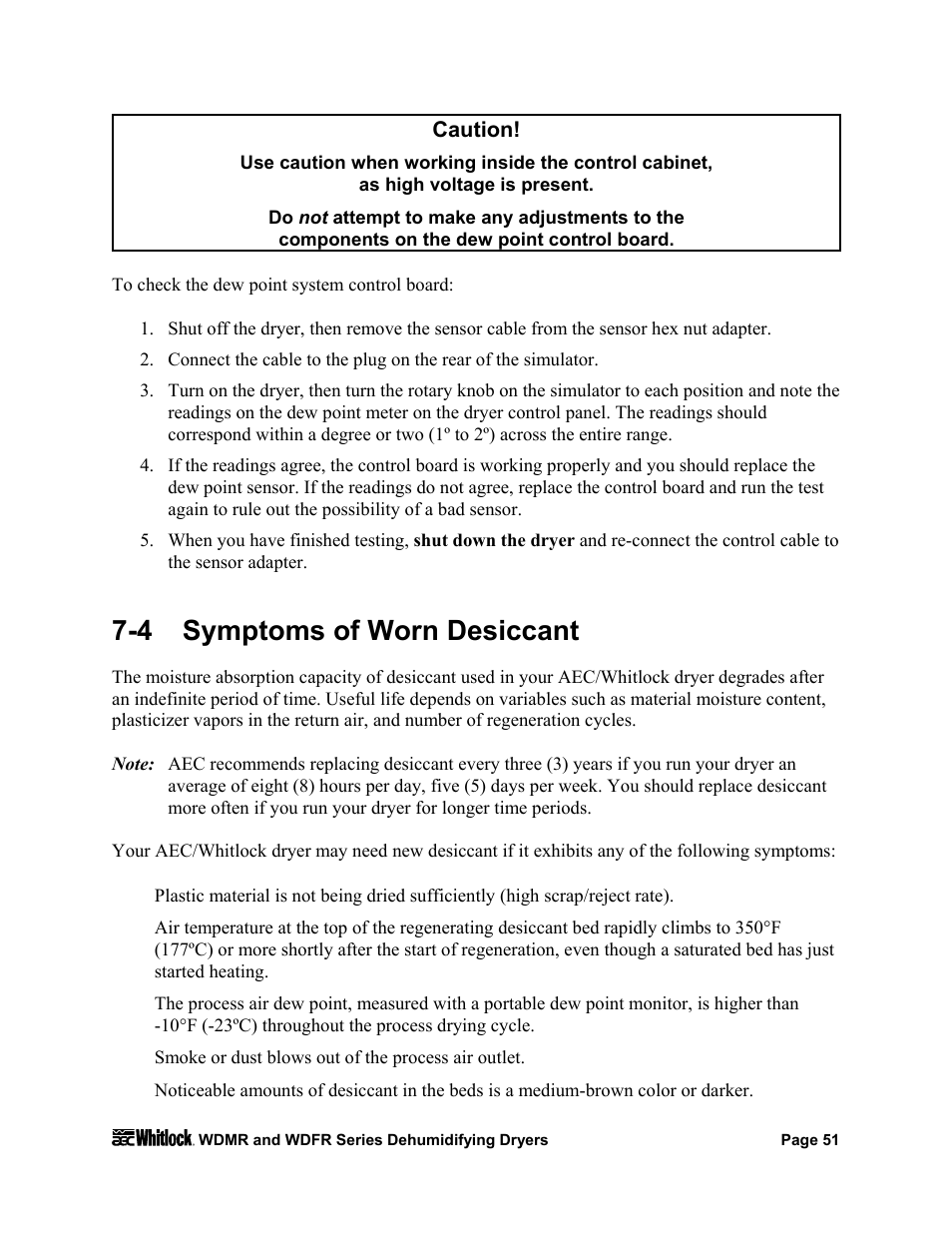 4 symptoms of worn desiccant | AEC WD 350 through WD3000 Dehumidifying Dryers User Manual | Page 52 / 84