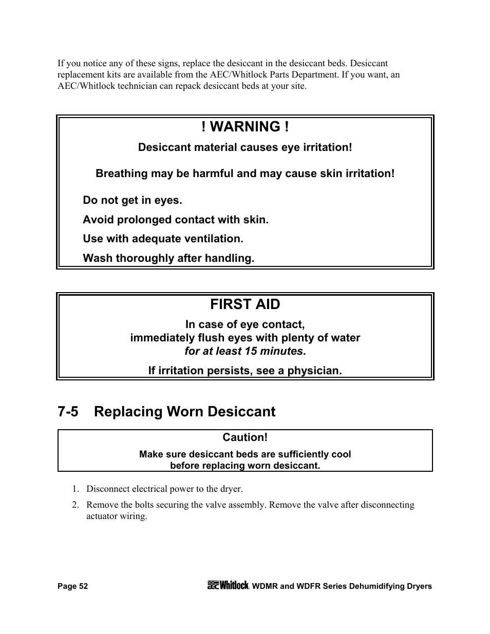 Warning, First aid, 5 replacing worn desiccant | AEC WD 350 through WD3000 Dehumidifying Dryers User Manual | Page 53 / 84