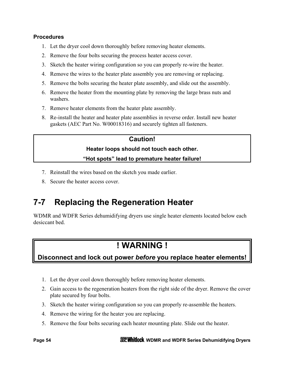 Procedures, 7 replacing the regeneration heater, Warning | AEC WD 350 through WD3000 Dehumidifying Dryers User Manual | Page 55 / 84