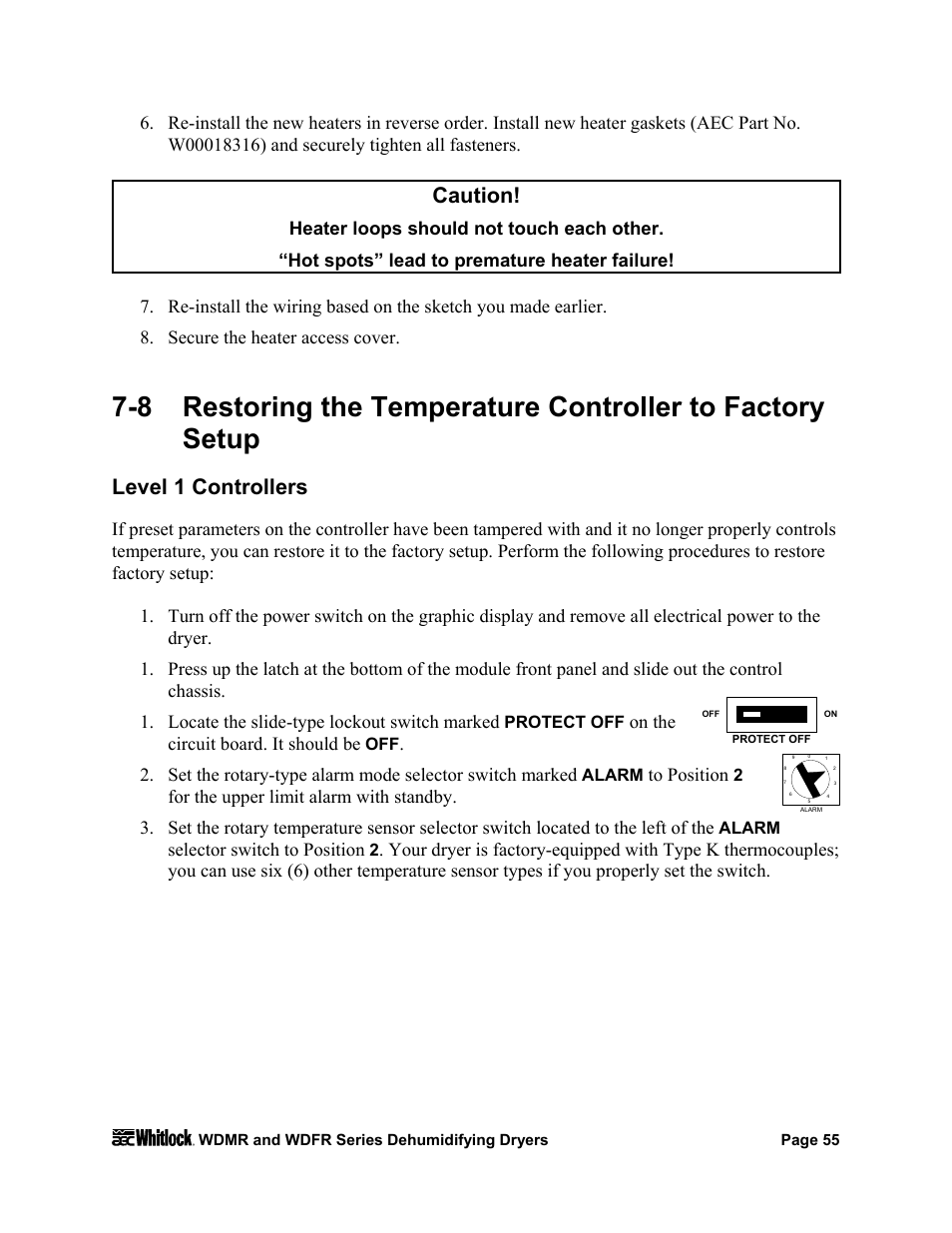 Level 1 controllers, Caution | AEC WD 350 through WD3000 Dehumidifying Dryers User Manual | Page 56 / 84