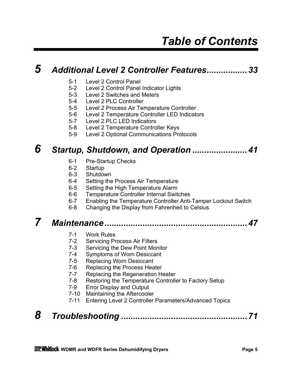 Table of contents 5, Additional level 2 controller features, Startup, shutdown, and operation | Maintenance, Troubleshooting | AEC WD 350 through WD3000 Dehumidifying Dryers User Manual | Page 6 / 84