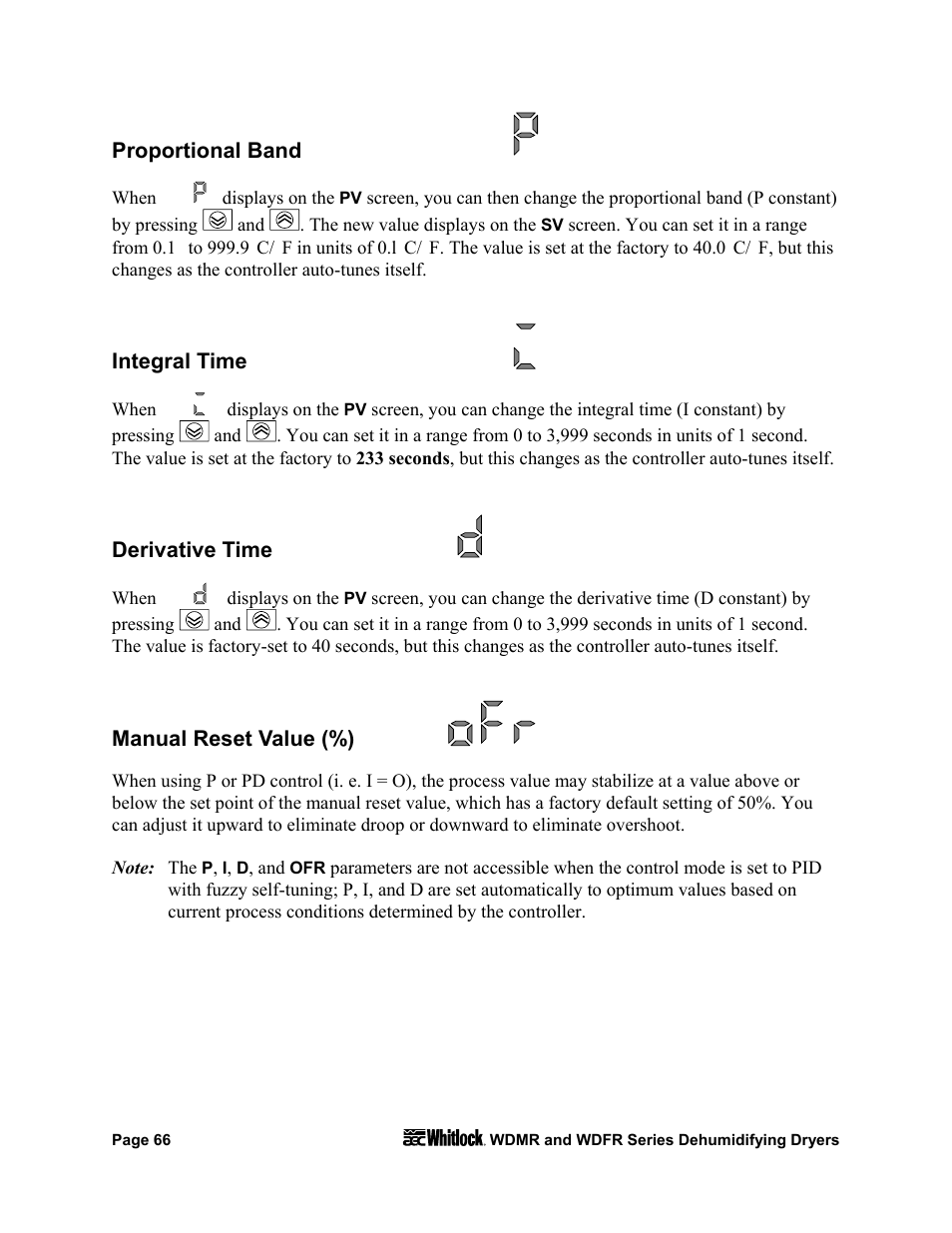 Proportional band, Integral time, Derivative time | Manual reset value (%) | AEC WD 350 through WD3000 Dehumidifying Dryers User Manual | Page 67 / 84