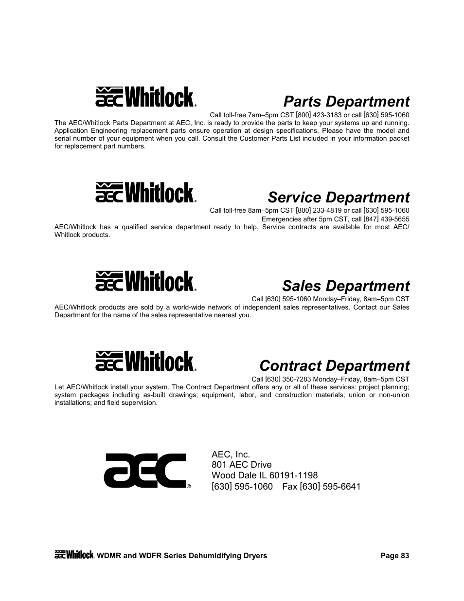 Parts department, Service department, Sales department | Contract department | AEC WD 350 through WD3000 Dehumidifying Dryers User Manual | Page 84 / 84