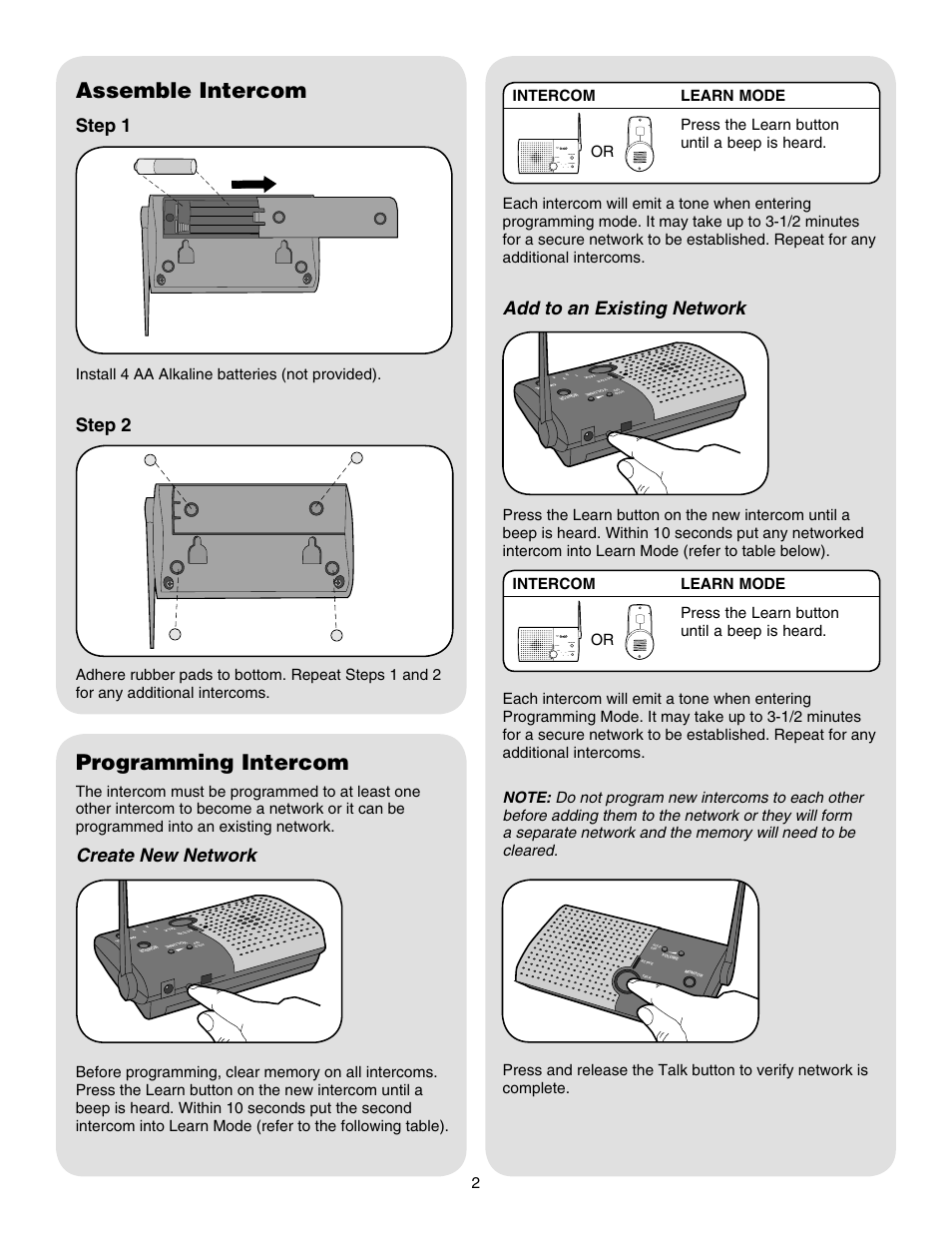 Assemble intercom, Programming intercom, Step 1 | Step 2, Create new network, Add to an existing network, Install 4 aa alkaline batteries (not provided) | Chamberlain NLS1C User Manual | Page 2 / 4
