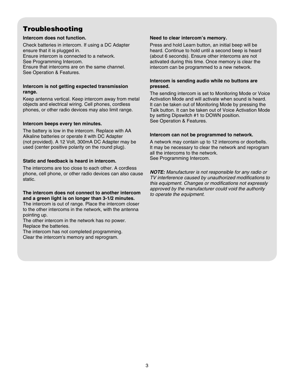 Troubleshooting | Chamberlain NLS1C User Manual | Page 3 / 4