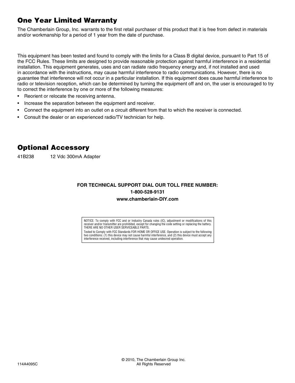 One year limited warranty, Optional accessory | Chamberlain NLS1C User Manual | Page 4 / 4