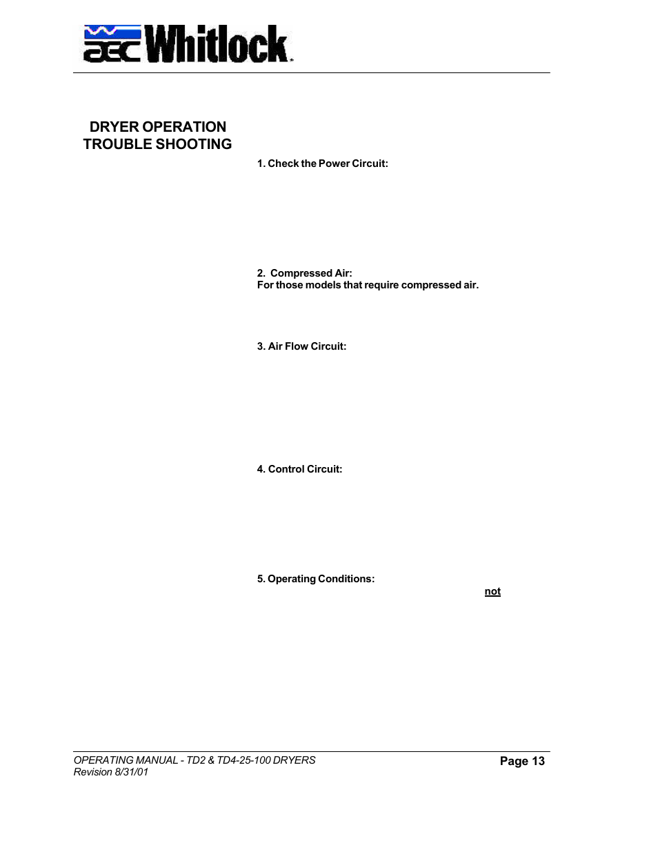 Dryer operation trouble shooting | AEC TD Floor Mount Dryers User Manual | Page 13 / 20