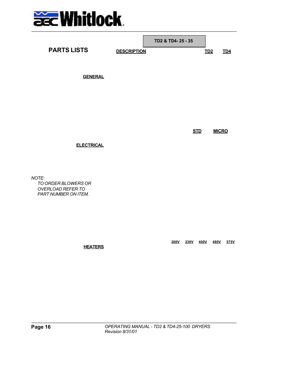 Parts lists | AEC TD Floor Mount Dryers User Manual | Page 16 / 20