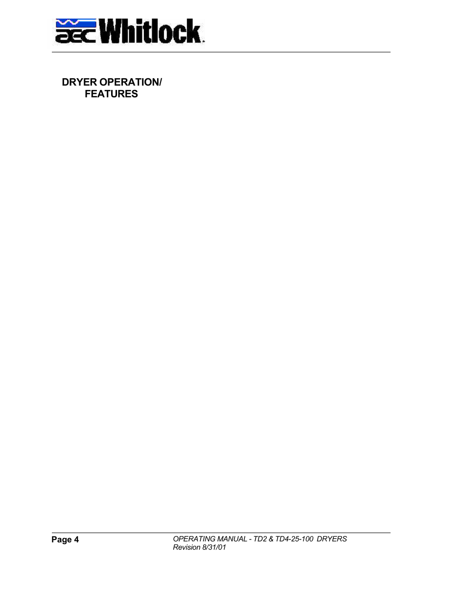 Dryer operation/ features | AEC TD Floor Mount Dryers User Manual | Page 4 / 20