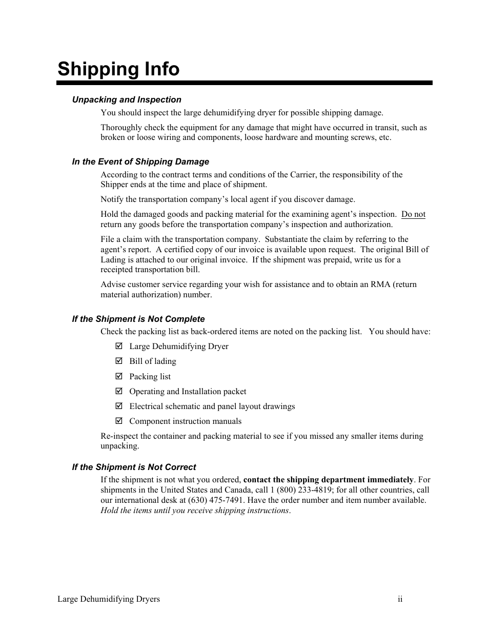 Shipping info | AEC AP Series Large Dehumidifying Dryer User Manual | Page 3 / 100