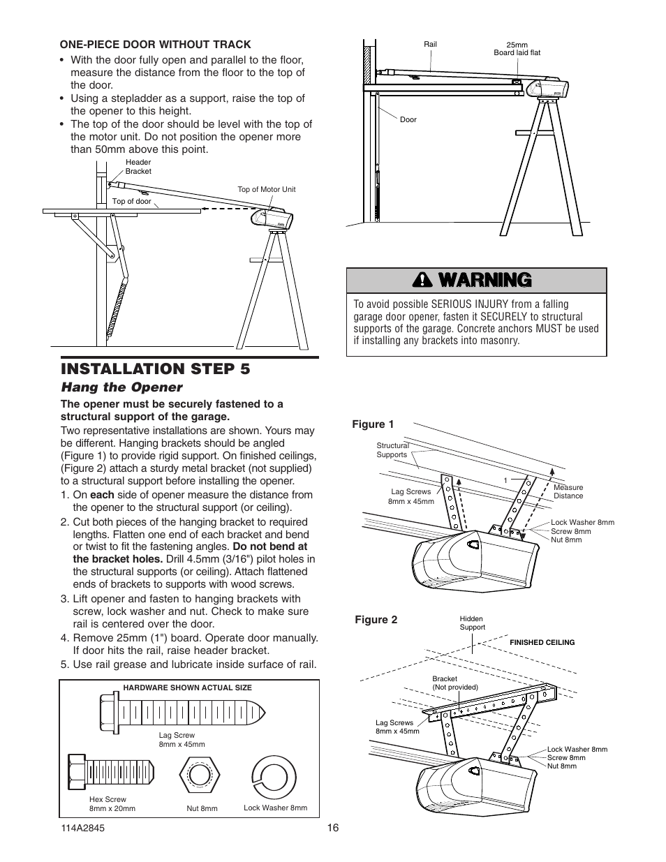 Wwarn arning ing caution caution, Installation step 5, Hang the opener | B&D N1134 User Manual | Page 16 / 32
