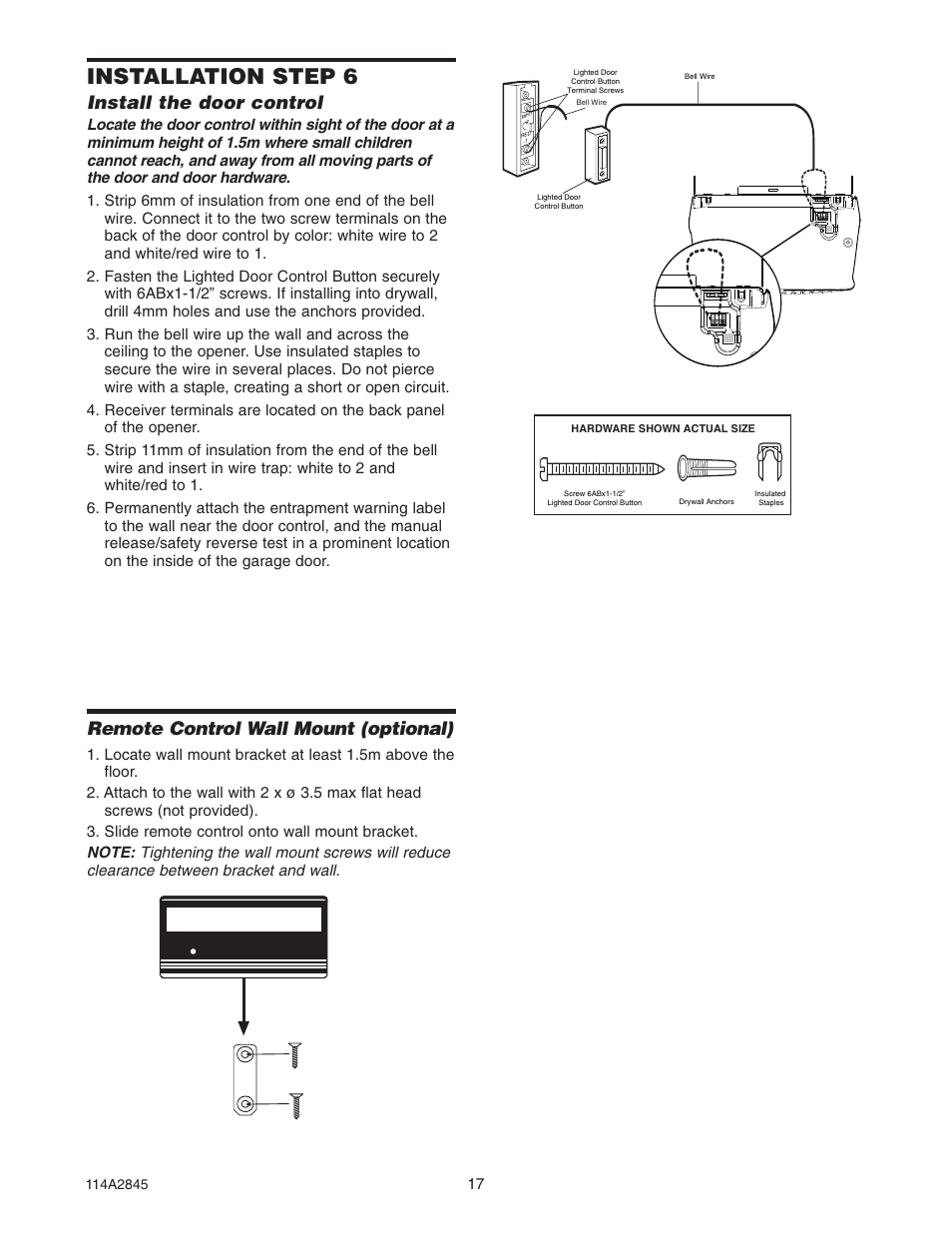 Installation step 6, Install the door control, Remote control wall mount (optional) | B&D N1134 User Manual | Page 17 / 32