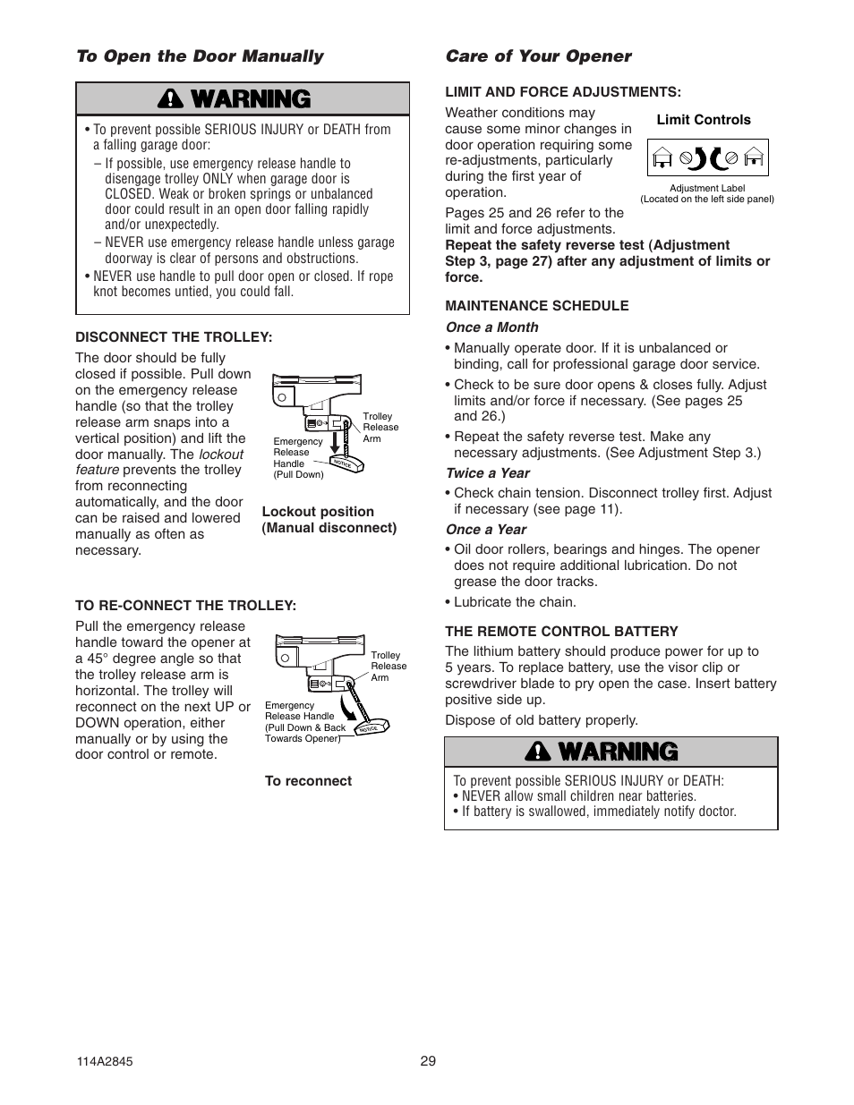 Wwarn arning ing caution caution, Care of your opener | B&D N1134 User Manual | Page 29 / 32