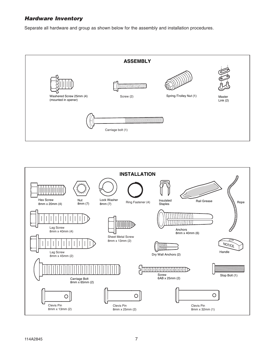 Hardware inventory, Assembly installation | B&D N1134 User Manual | Page 7 / 32