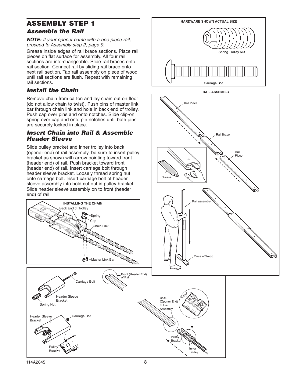 Assembly step 1, Assemble the rail, Install the chain | Insert chain into rail & assemble header sleeve | B&D N1134 User Manual | Page 8 / 32