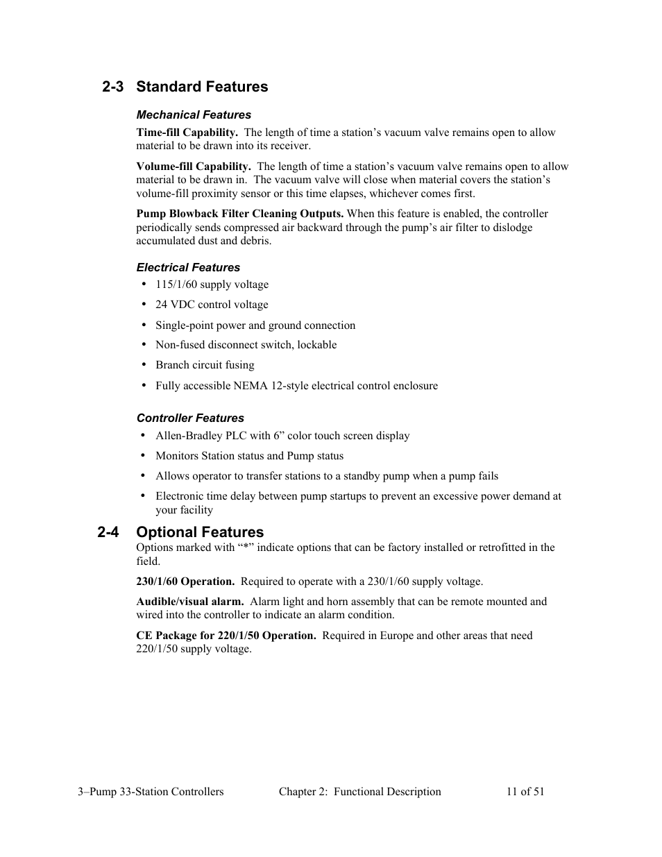 3 standard features, 4 optional features | AEC 3-Pump 33-Station Controllers User Manual | Page 12 / 52