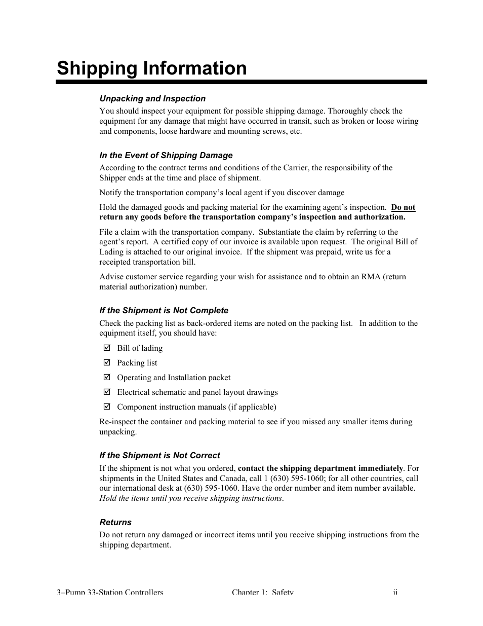 Shipping information | AEC 3-Pump 33-Station Controllers User Manual | Page 3 / 52