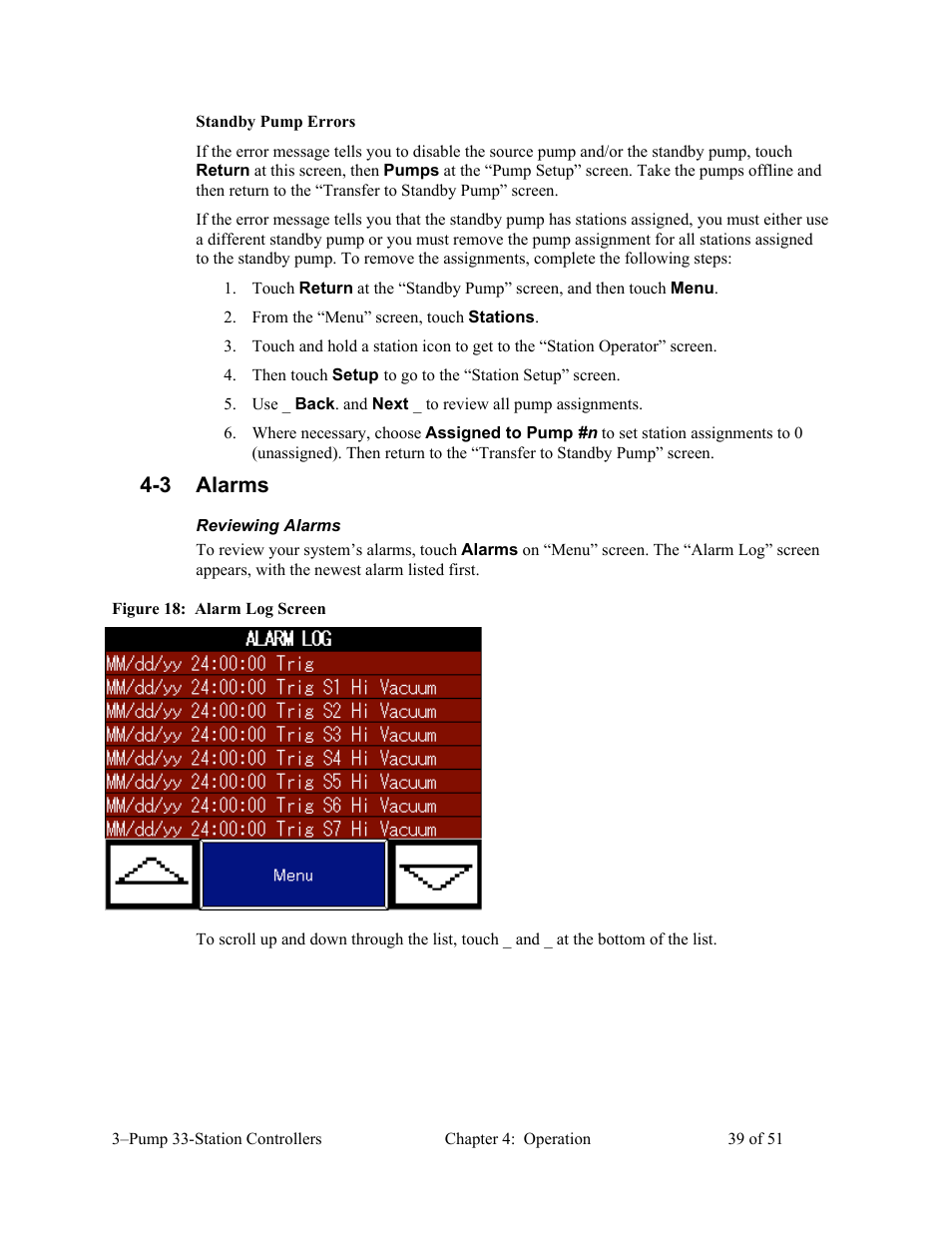3 alarms | AEC 3-Pump 33-Station Controllers User Manual | Page 40 / 52
