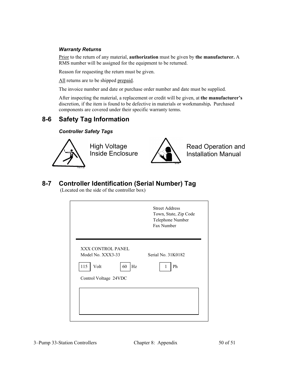 6 safety tag information, 7 controller identification (serial number) tag | AEC 3-Pump 33-Station Controllers User Manual | Page 51 / 52