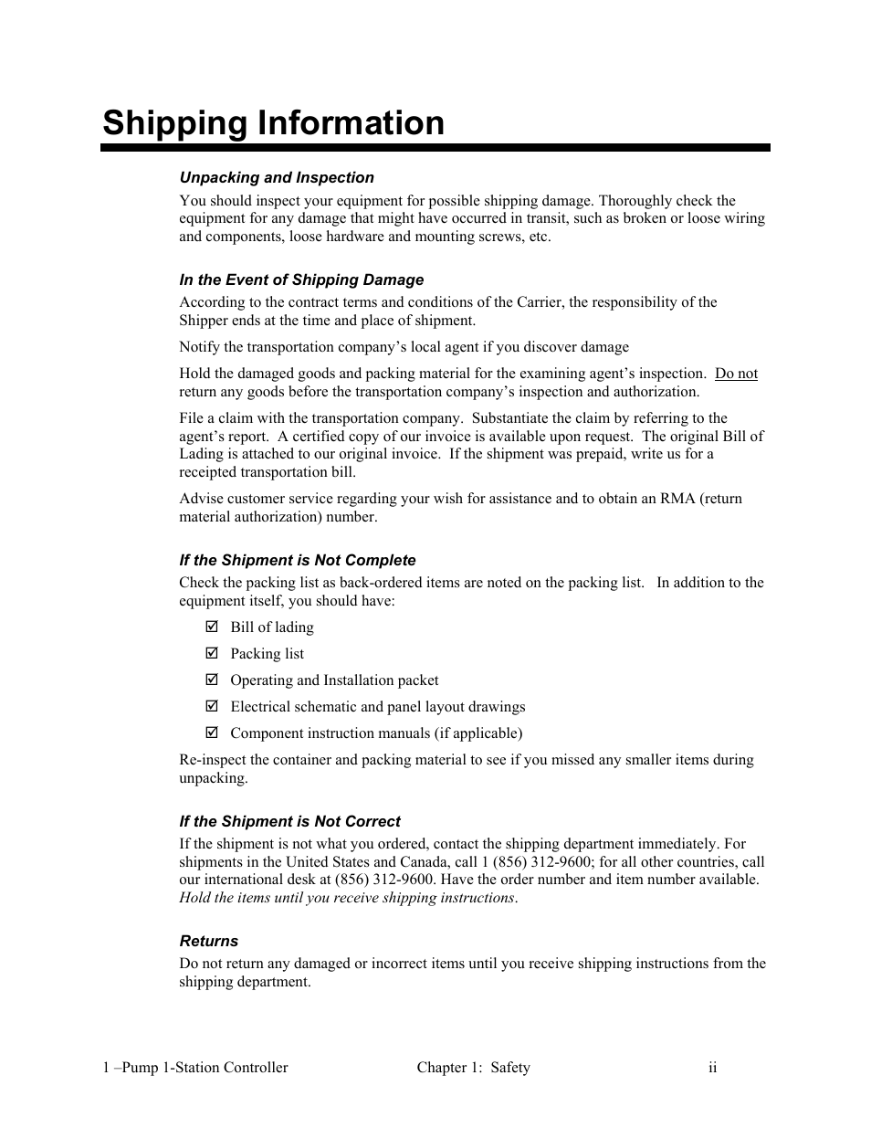 Shipping information | AEC 1-Pump 1-Station Controller User Manual | Page 3 / 31