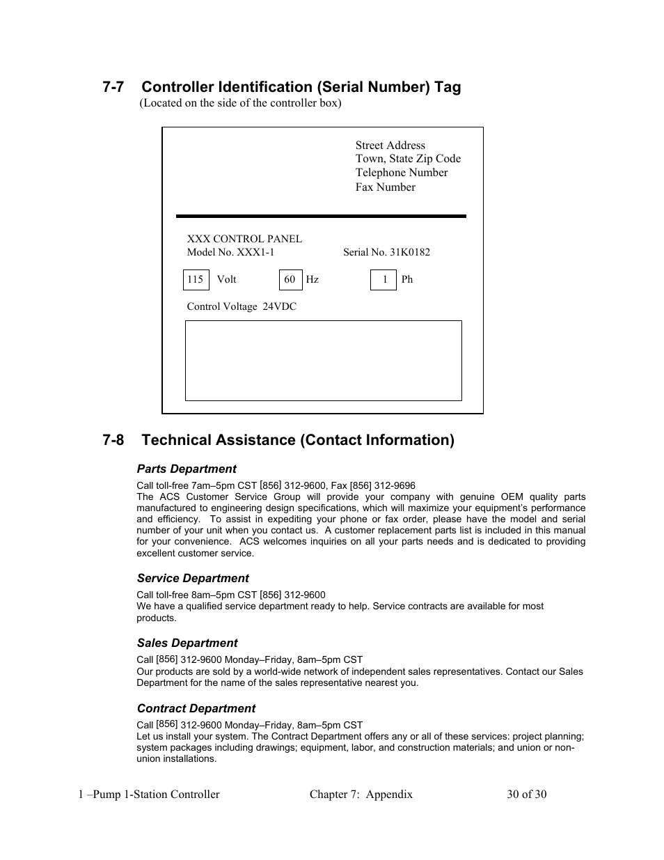 7 controller identification (serial number) tag, 8 technical assistance (contact information) | AEC 1-Pump 1-Station Controller User Manual | Page 31 / 31