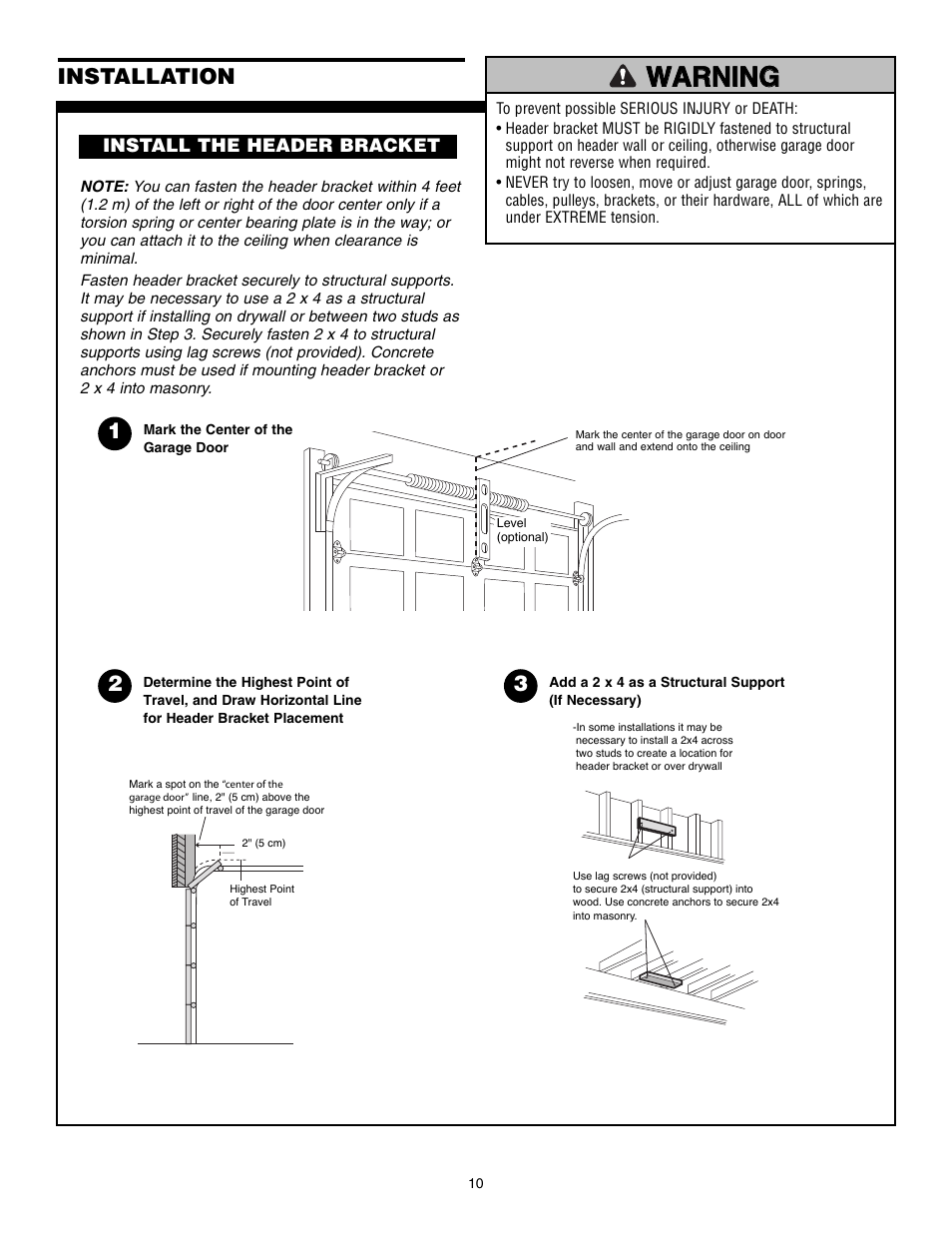 Install the header bracket, Warning, Warning caution warning warning | 23 installation | Chamberlain POWERDRIVE PD610D User Manual | Page 10 / 36