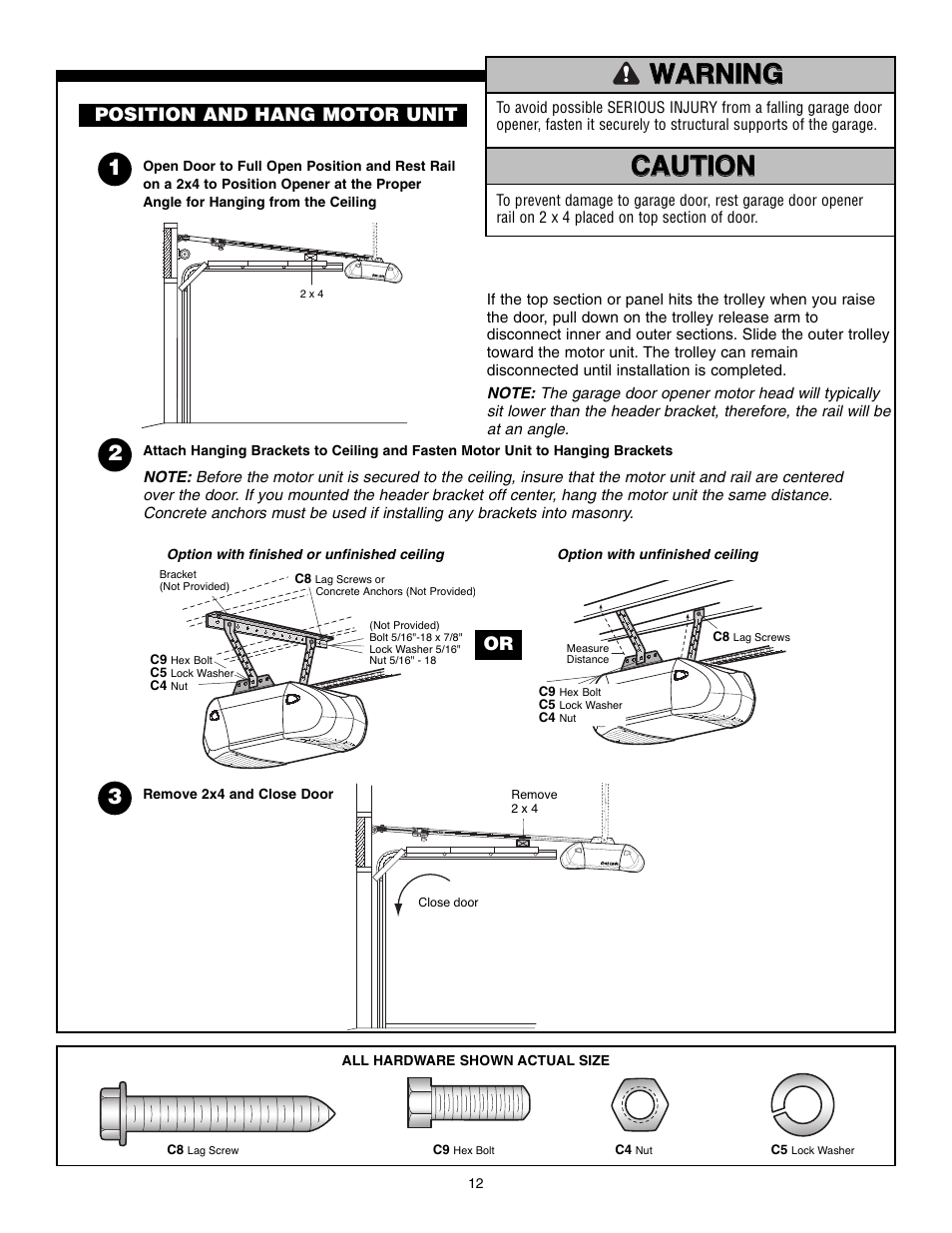 Position and hang motor unit, Warning caution caution warning warning, Warning | Warning caution warning warning | Chamberlain POWERDRIVE PD610D User Manual | Page 12 / 36