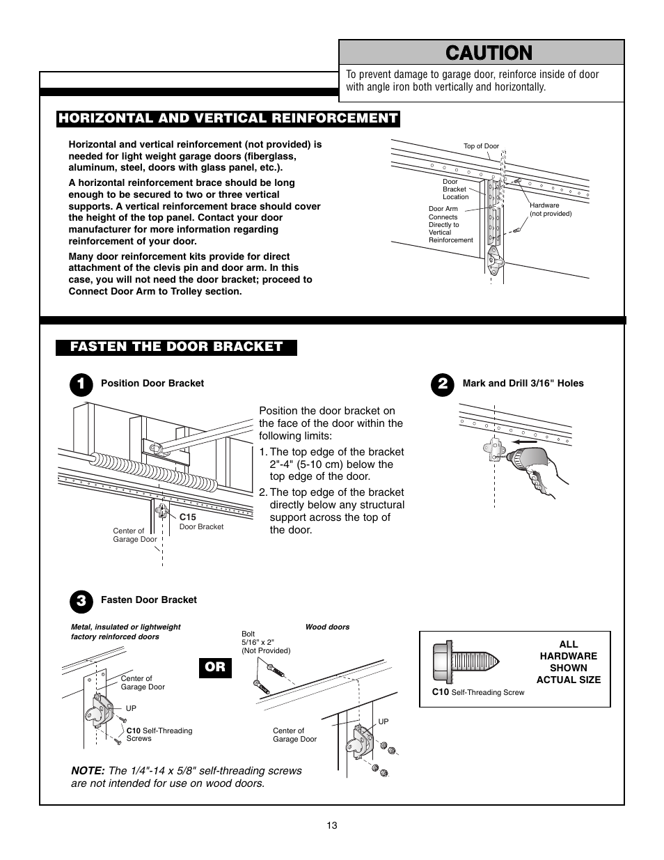 Horizontal and vertical reinforcement, Fasten the door bracket, Warning caution caution warning warning | Chamberlain POWERDRIVE PD610D User Manual | Page 13 / 36